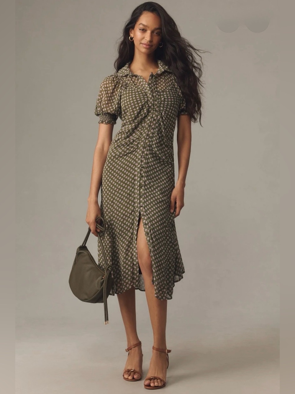 By Anthropologie Puff Sleeve Ruched Mesh MIDI Shirt dress